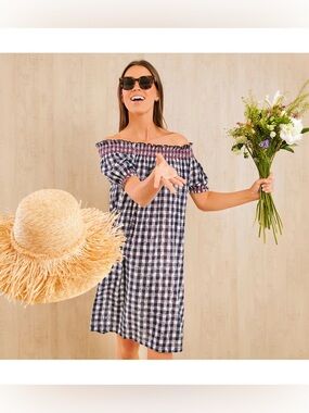 Tuckernuck Toulon Navy & White Gingham Off the Shoulder Dress Coverup Size Small